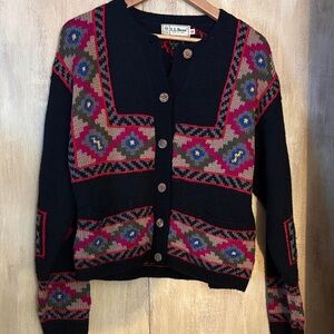 L.L. Bean Women's Black and Red Geometric Cardigan